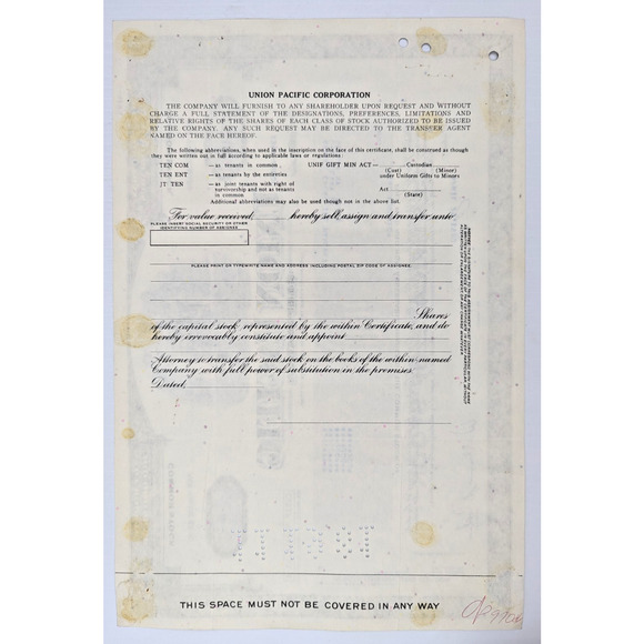 Union Pacific Co Railroad Shares Certificates Assorted Lot of 4 - Picture 3 of 9